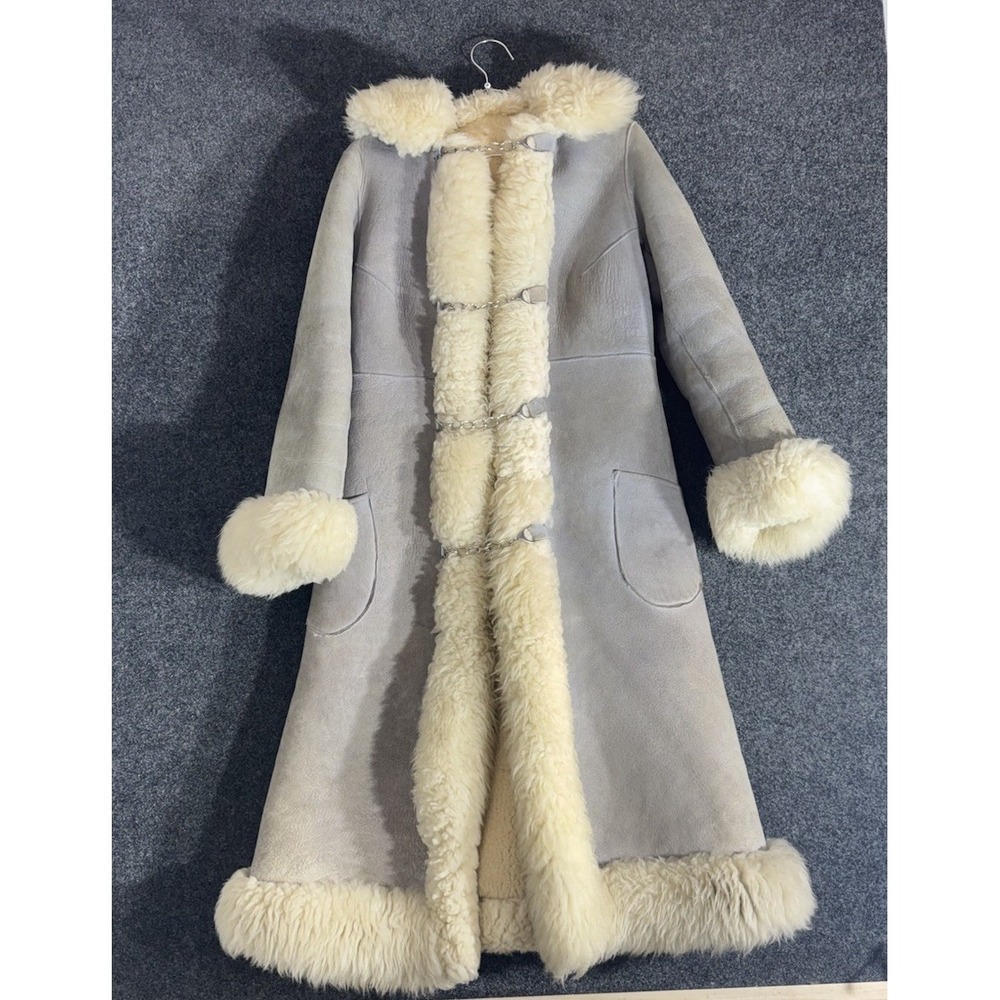 Women's Penny Lane Afghan Coat Real Sheep Suede Wool Fur Trim Boho Hooks 70s